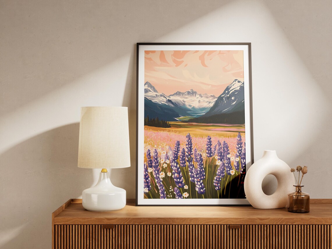 Purple Wildflower Field With Snowy Mountains Sunset Art Poster - Image 4