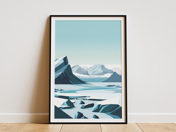 Icelandic Glacier Landscape Poster Minimalist Art Print Scandinavian Decor Blue Mountain Wall Art