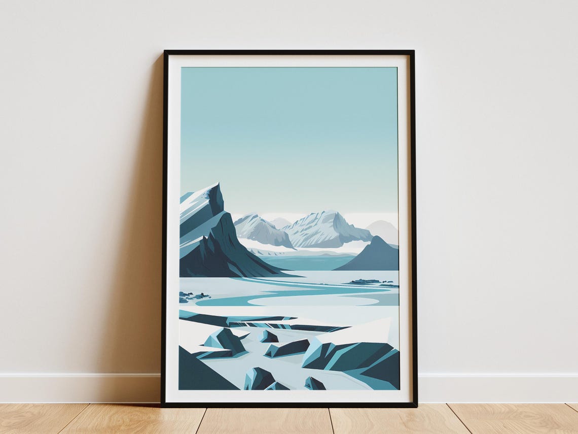 Polar Mountains Glacier Lagoon Blue Minimalist Arctic Poster