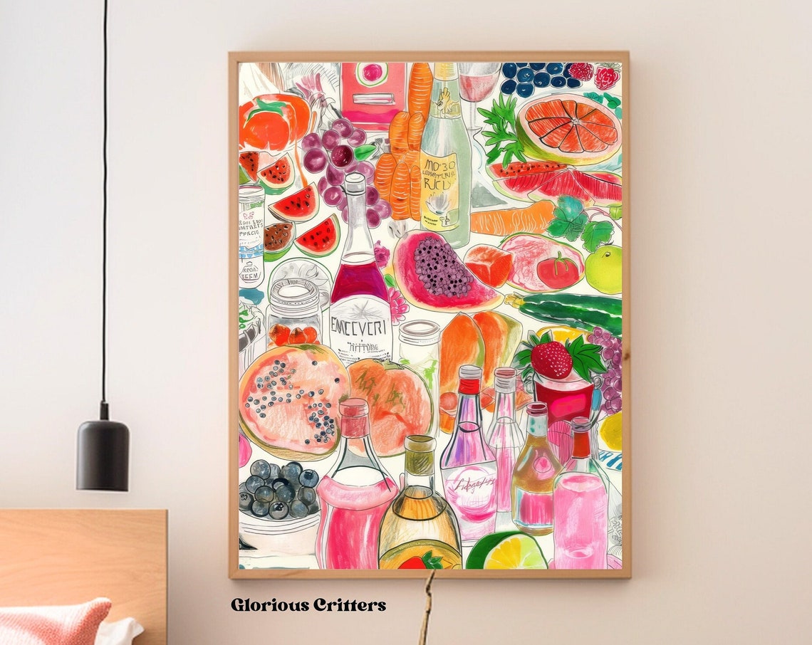 Maximalist Pink Food Collage Fruit Illustration Kitchen Art Poster