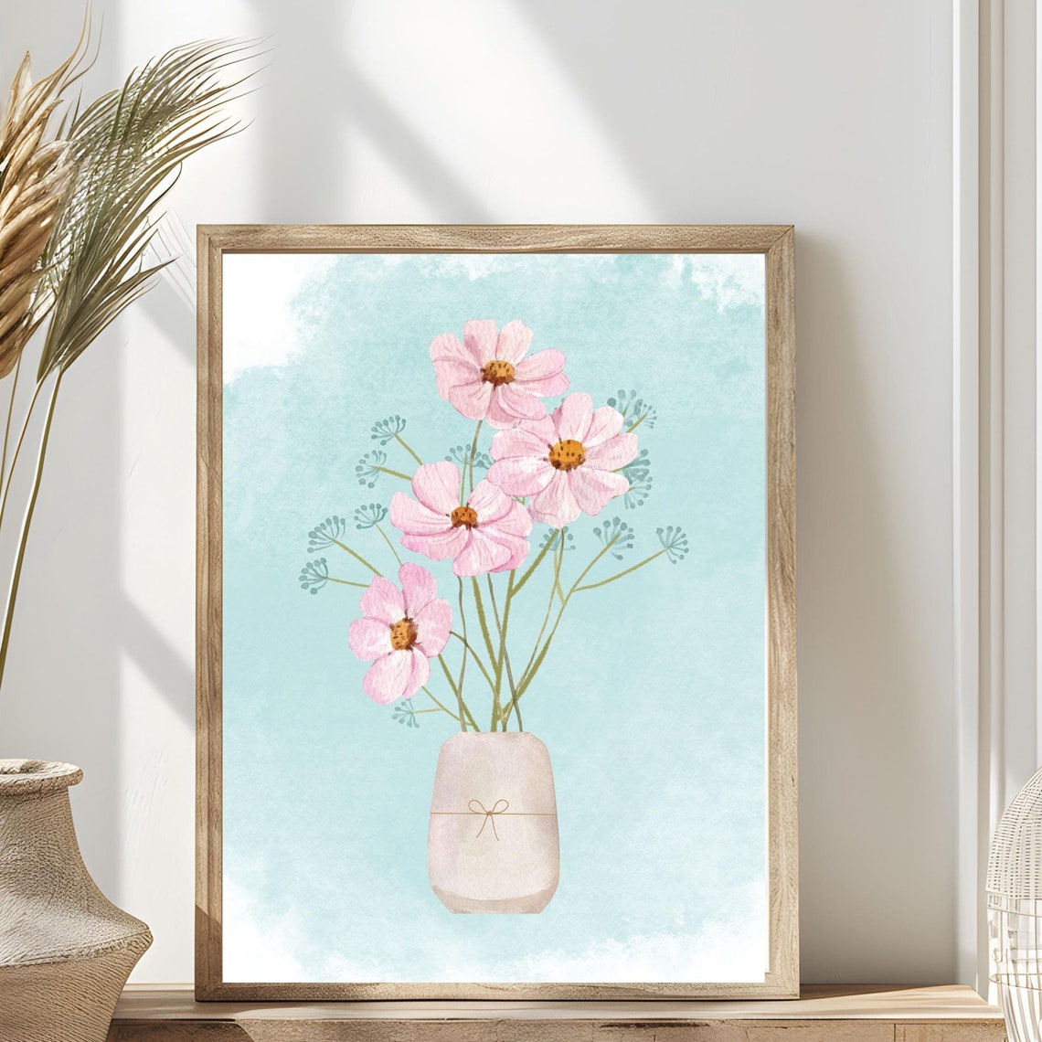 Pink Cosmos Flowers In Vase Watercolor Blue Background Floral Poster