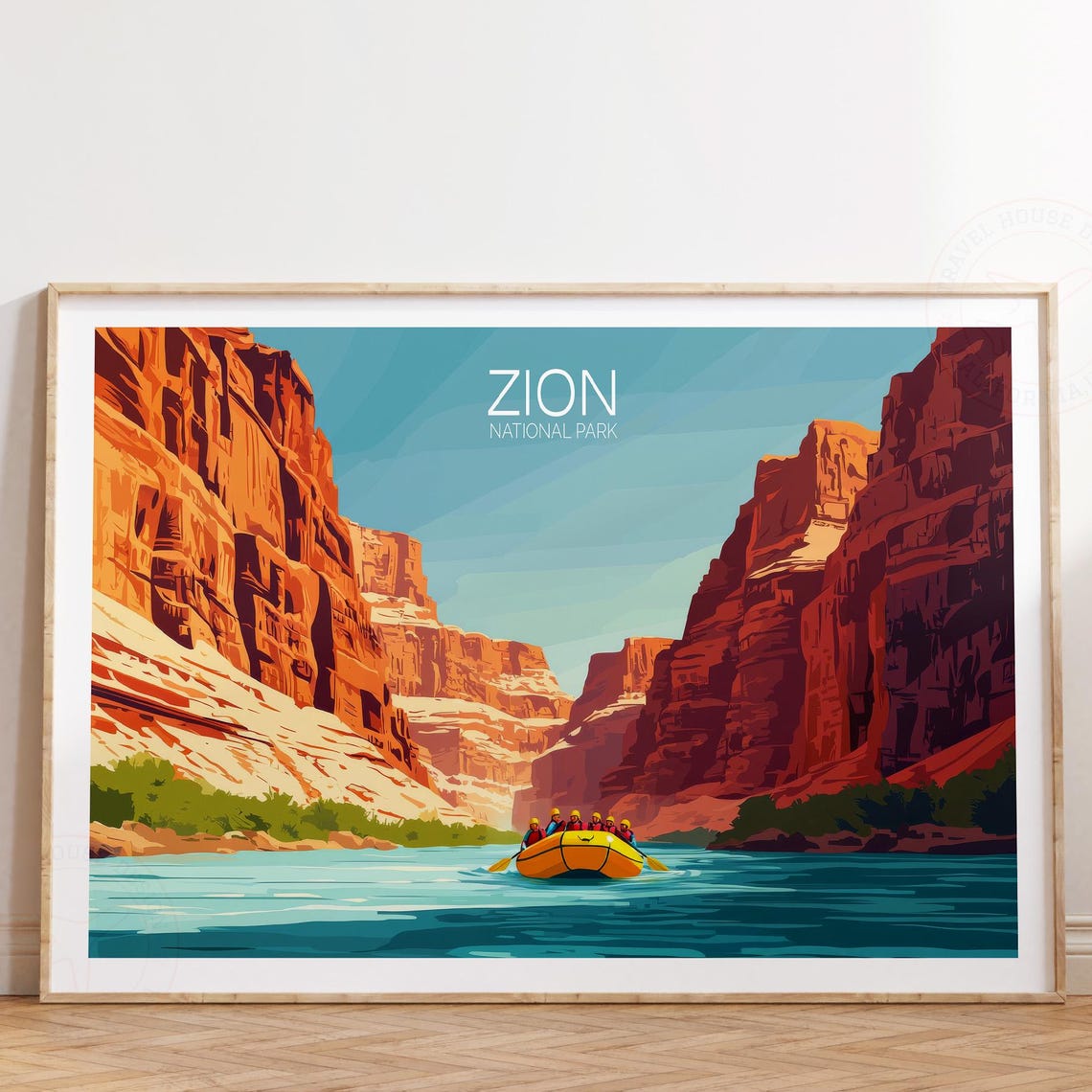 Zion National Park Lettered River Rafting Red Canyon Poster Art