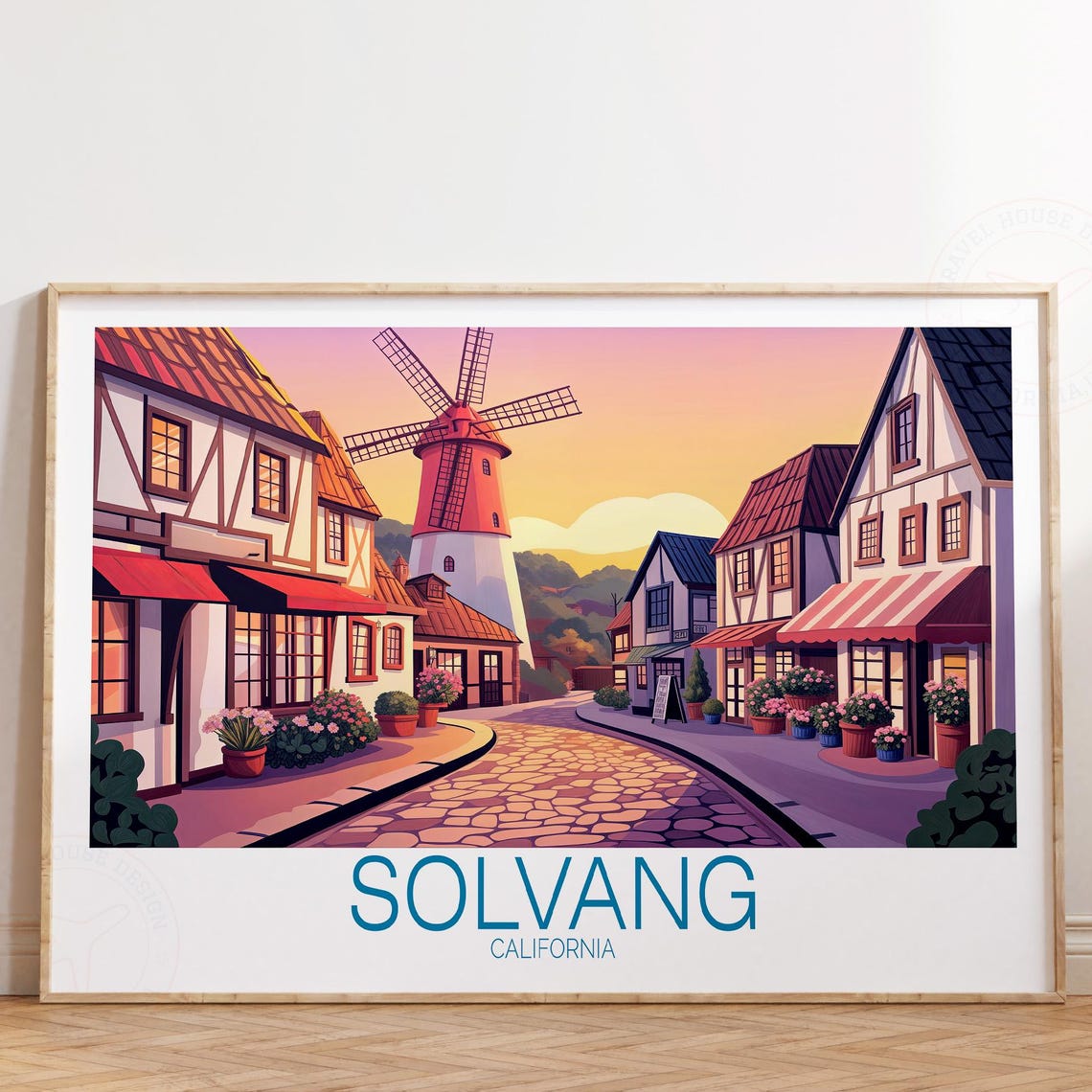 Solvang California Danish Village Windmill at Sunset Travel Poster