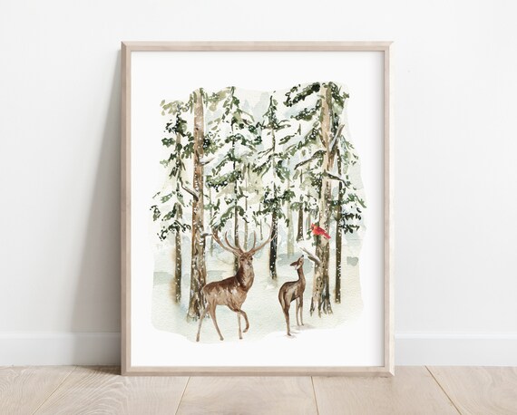 Winter Deer Landscape Art Print Forest Scene Nature Decor