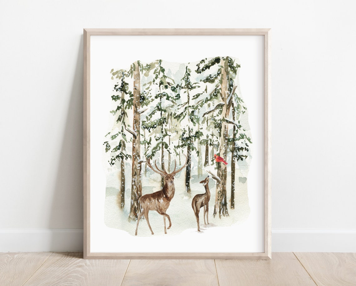 Winter Deer Duo in Snowy Pine Forest Watercolor Cardinal Poster