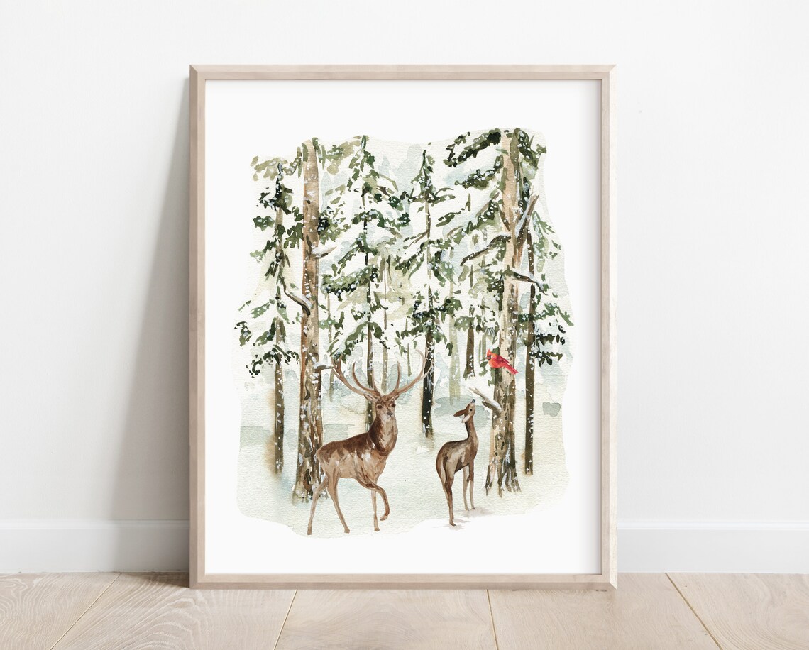 Winter Deer Landscape Art Print Forest Scene Nature Decor