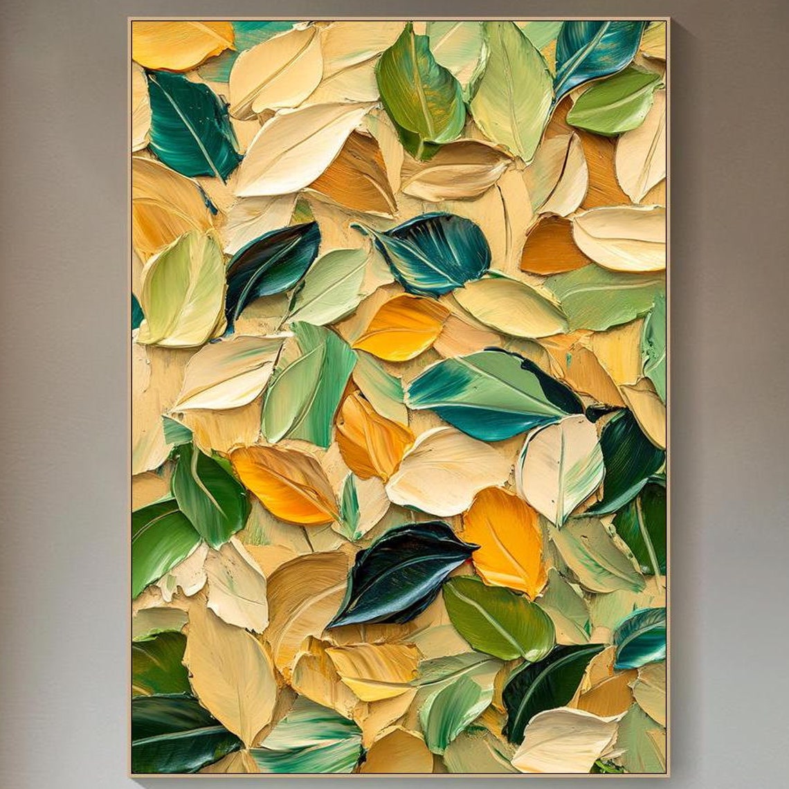 Green Cream Gold Leaves Textured Botanical Leaf Collage Art Poster