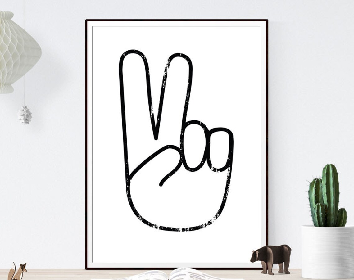 Peace Sign Hand Minimalist Black and White Distressed Line Art Poster