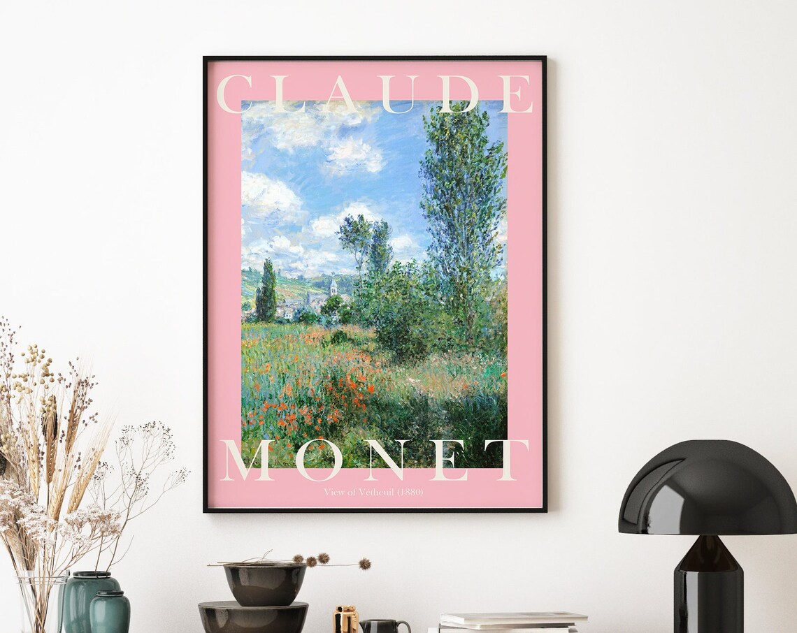 Claude Monet View of Vetheuil 1880 Poppy Meadow Pink Border Poster