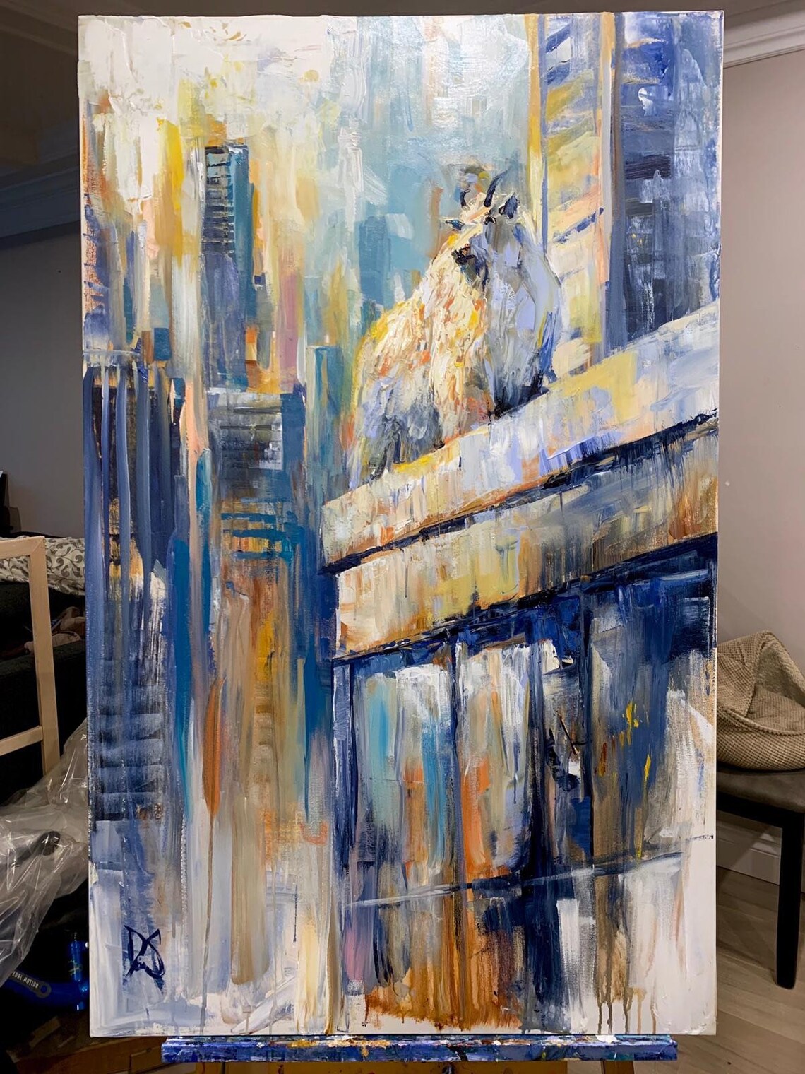 Mountain Goat Atop Skyscraper Surreal City Oil Painting Poster