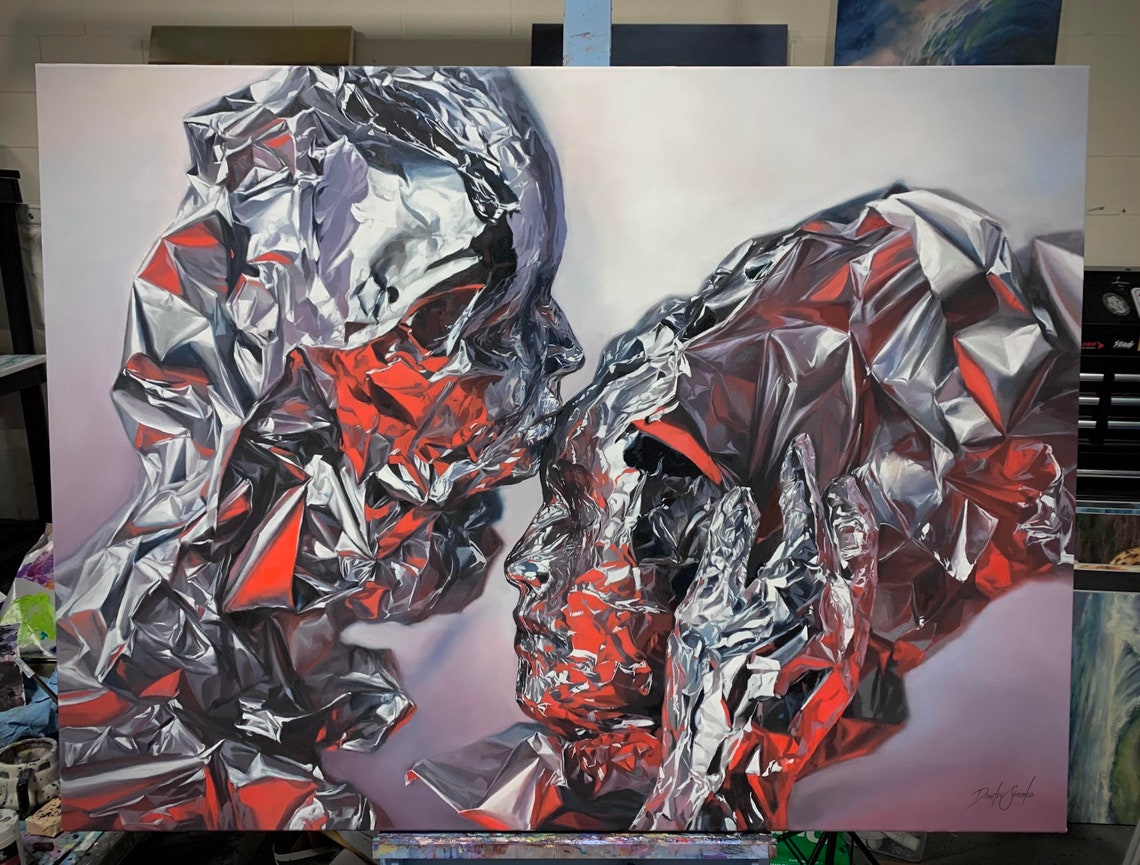 Surreal Metallic Foil Faces Embrace Hyperrealist Oil Art Poster