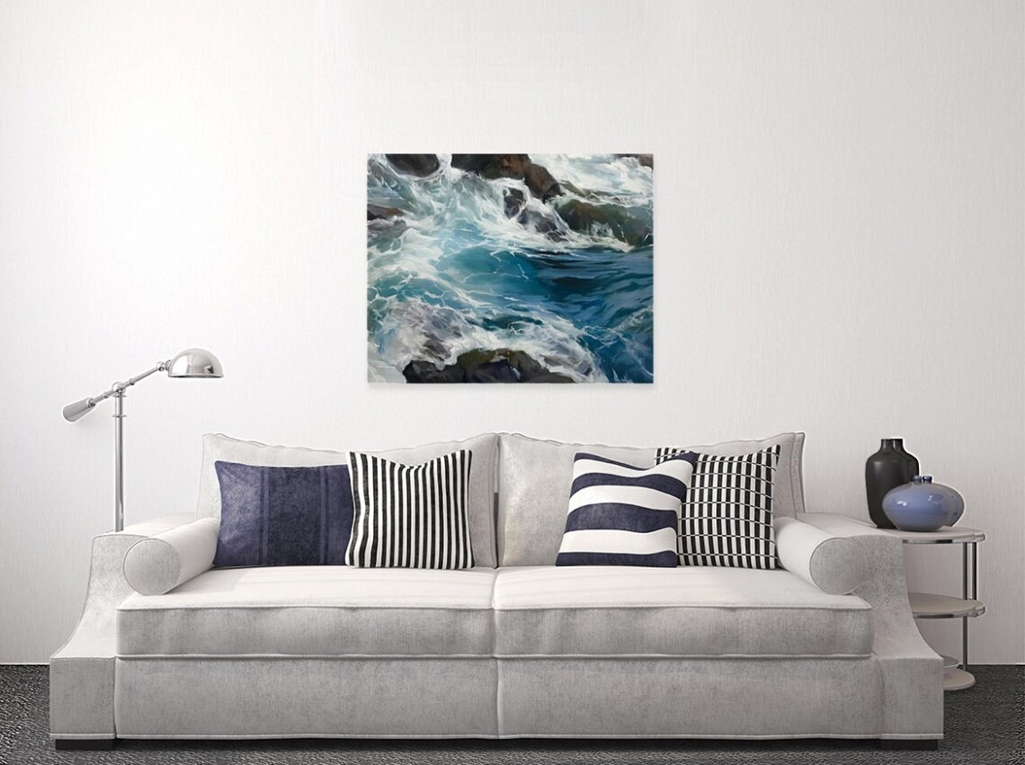 Turquoise Surf Foaming Over Dark Rocks Aerial Ocean View Poster - Image 2