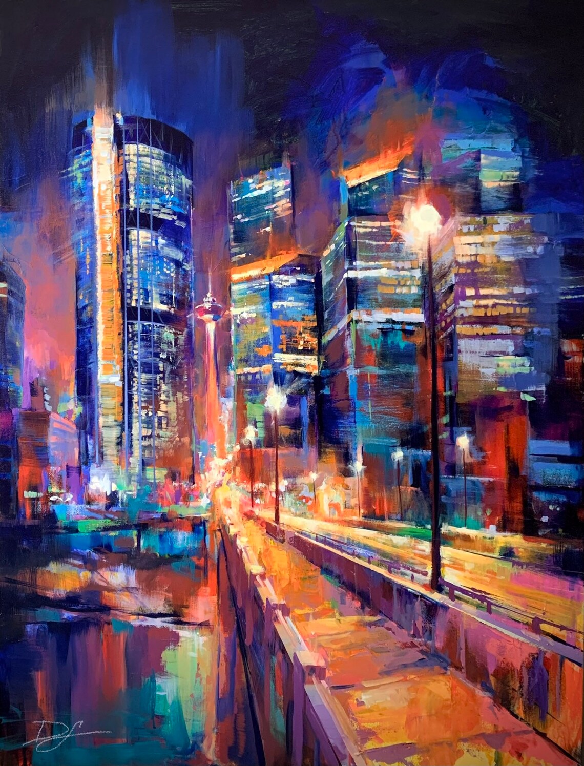 Calgary Downtown at Night Glowing Bridge City Lights Painting Poster