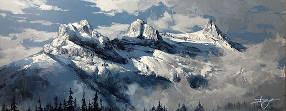 Art Print Faith Hope And Charity Paper Canadian Mountains Banff Landscape Three Sisters Canmore Painting Alpine Home Decor
