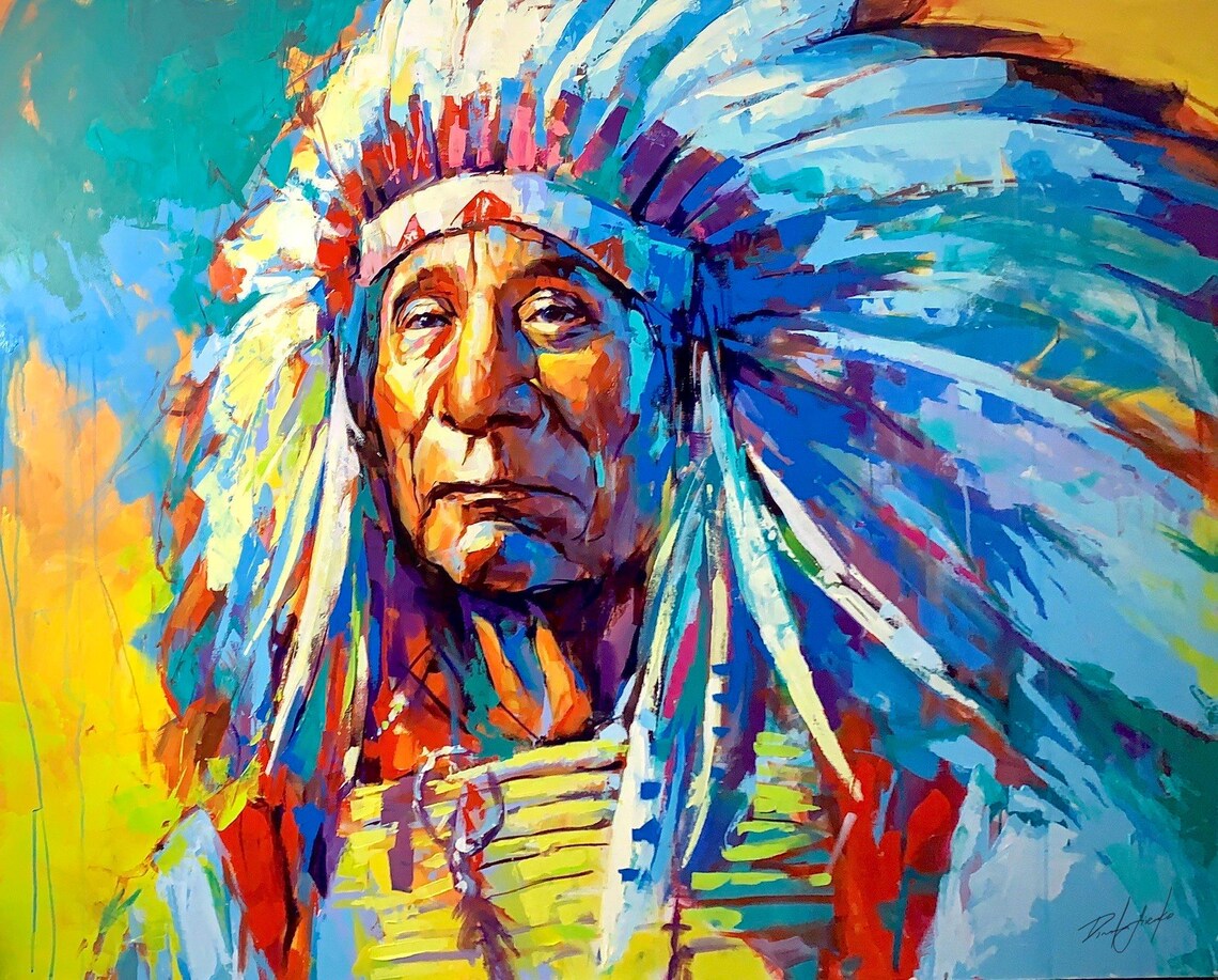 Native American Chief Bold Colorful Feather Headdress Art Poster