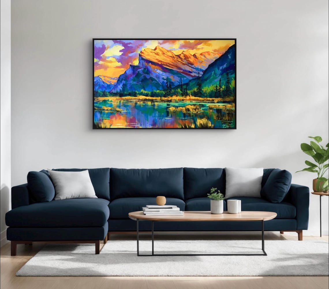 Vivid Sunset Mountain Lake Reflection Oil Painting Landscape Poster - Image 3