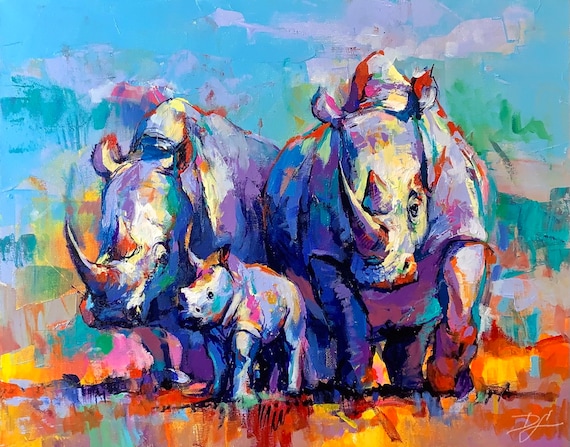 Colorful Rhino Mother And Calf Family Vibrant Safari Painting Poster