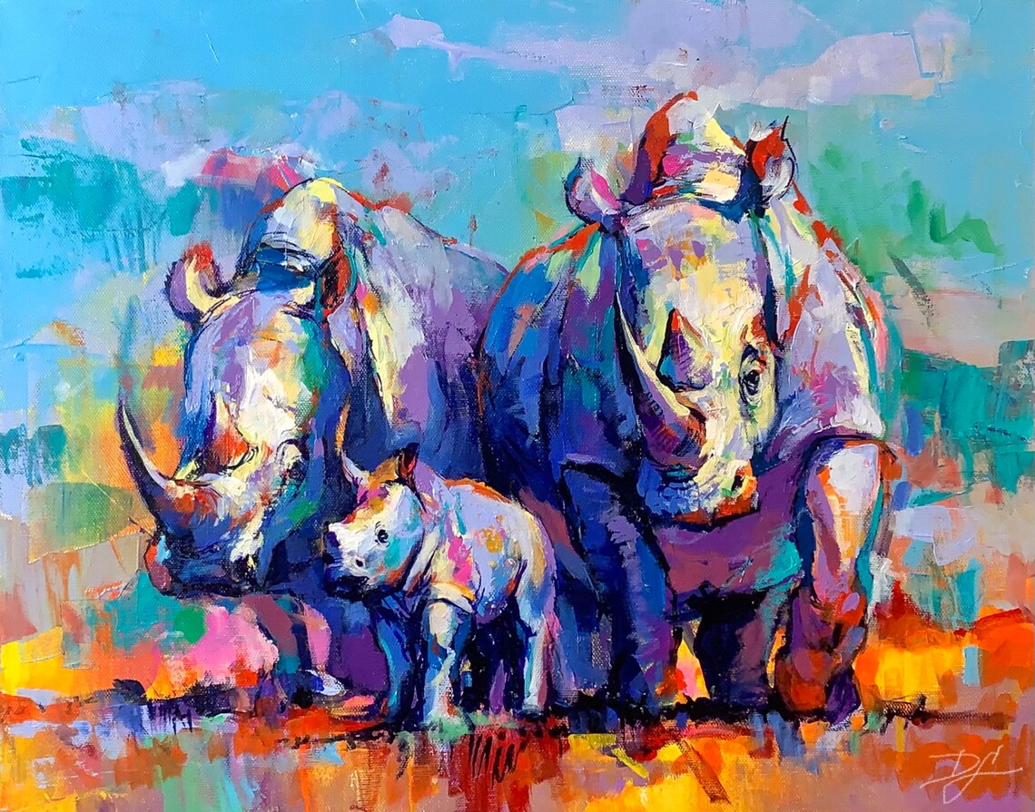 Colorful Rhino Mother And Calf Family Vibrant Safari Painting Poster