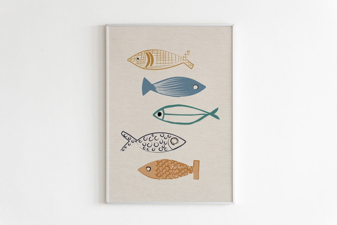 Five Folk Art Fish Colorful Patterned Coastal Beige Kitchen Poster