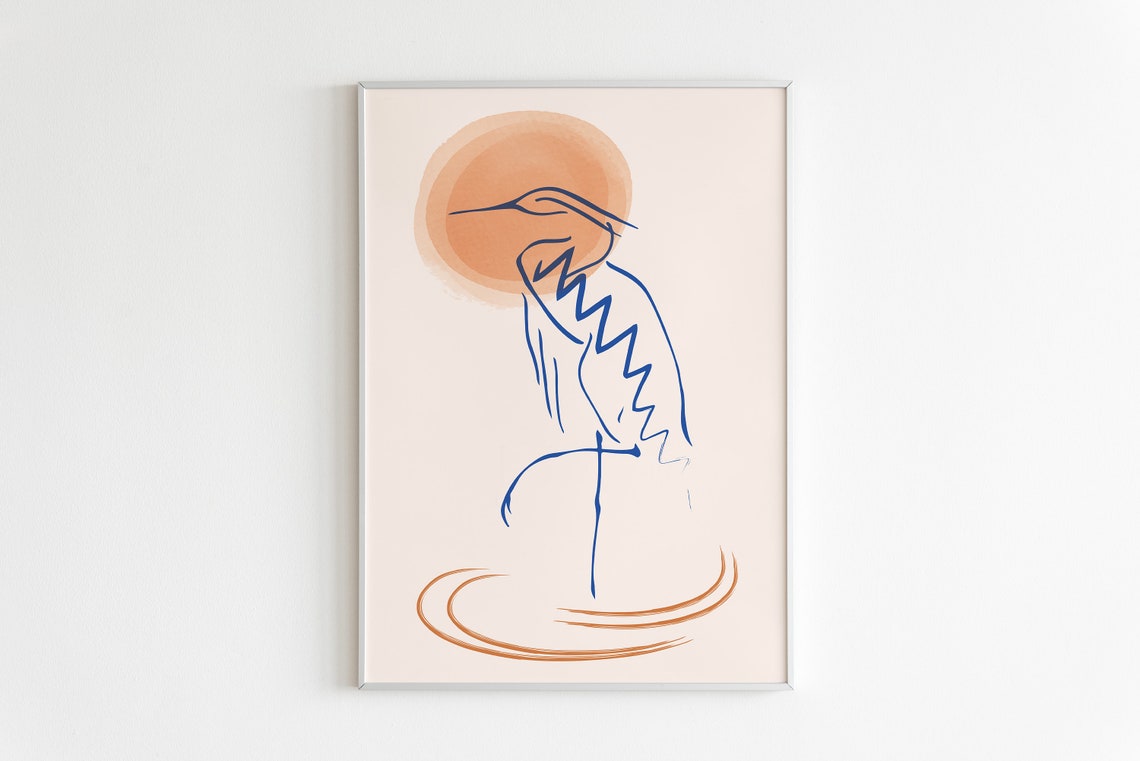 Blue Line Heron Orange Sun Minimalist Coastal Bird Art Poster