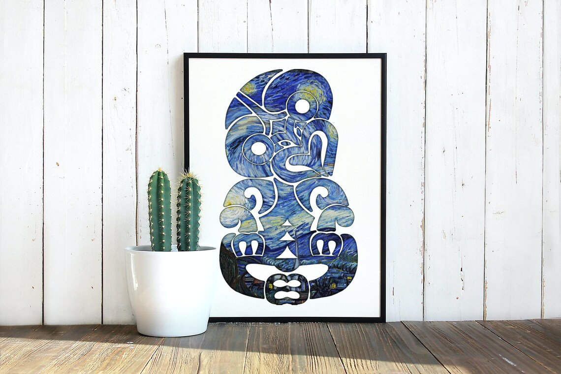 Tiki Mask Filled With Starry Night Swirls Blue Tribal Art Poster - Image 2