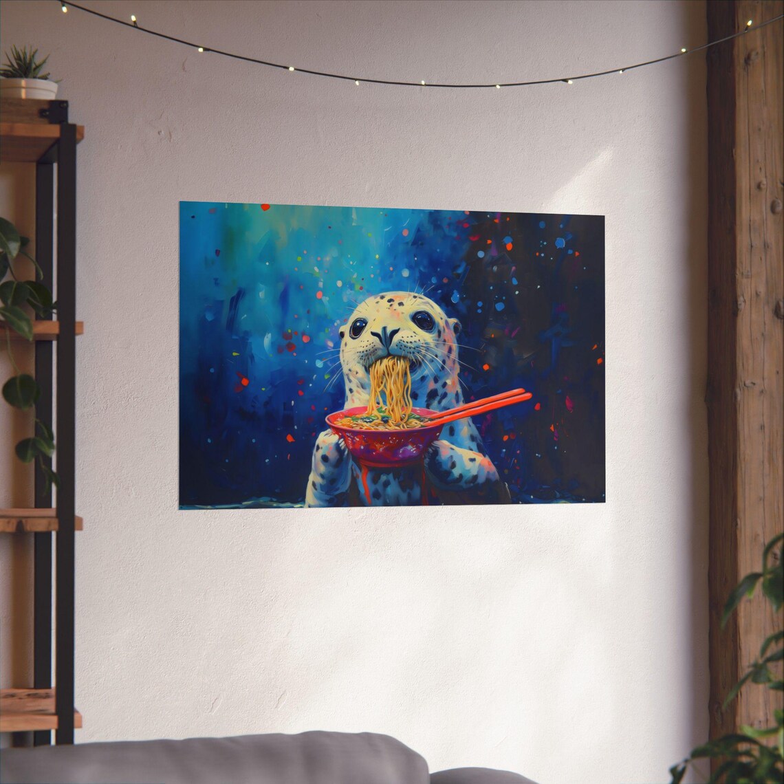 Cute Playful Seal Slurping Noodles from a Red Bowl Ocean Poster - Image 3