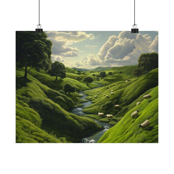 Green Hills Sheep Stream Winding Pasture Tranquil Rural Wall Art