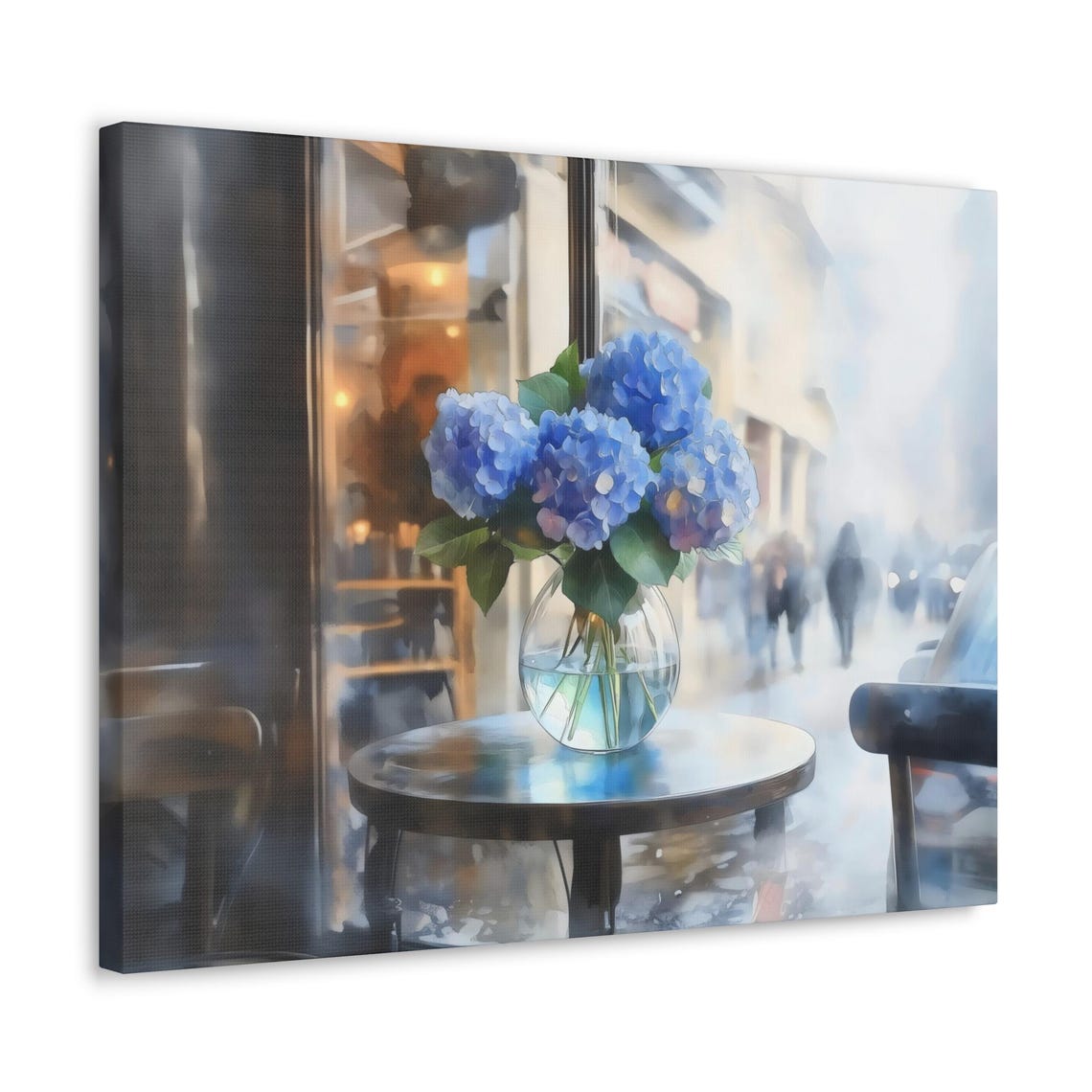 Fresh Blue Hydrangeas by Rainy Cafe Window Watercolor Art Poster - Image 3