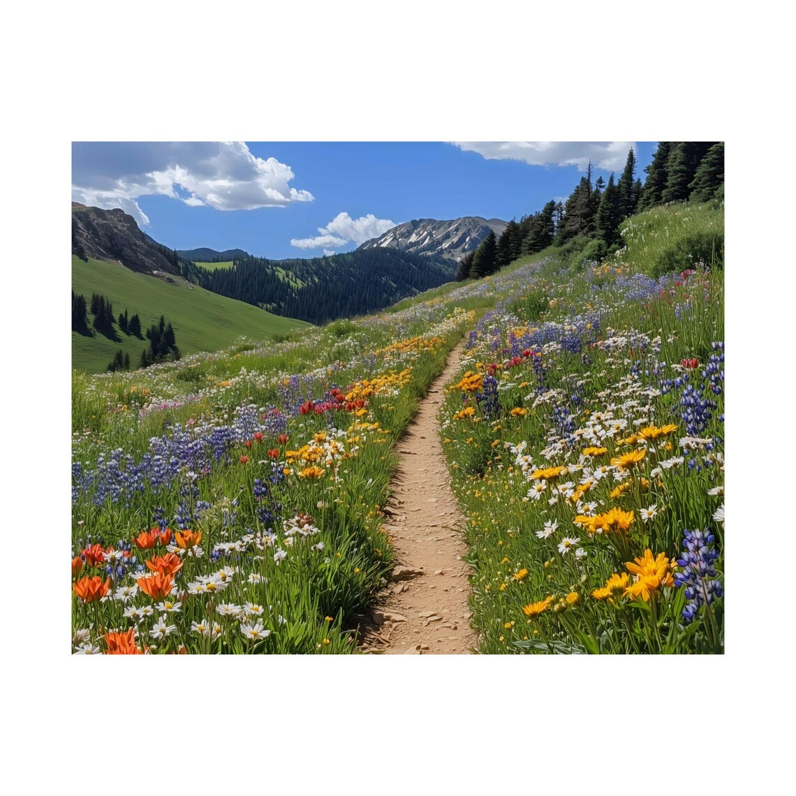 Alpine Meadow Flower Trail Snowy Peaks Blue Sky Summer Poster - Image 3