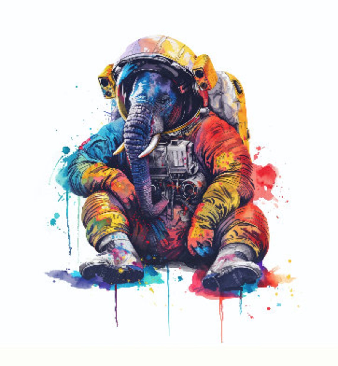 Elephant Astronaut Watercolor Seated Space Suit Animal Art Poster - Image 2