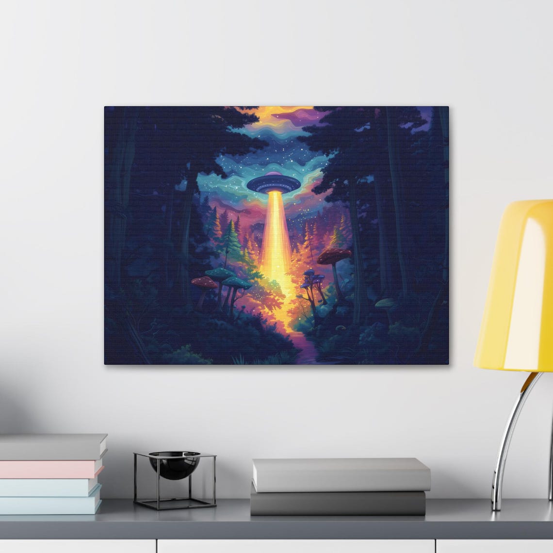 Bright UFO Golden Beam Over Starry Night Mushroom Forest Poster - Image 2
