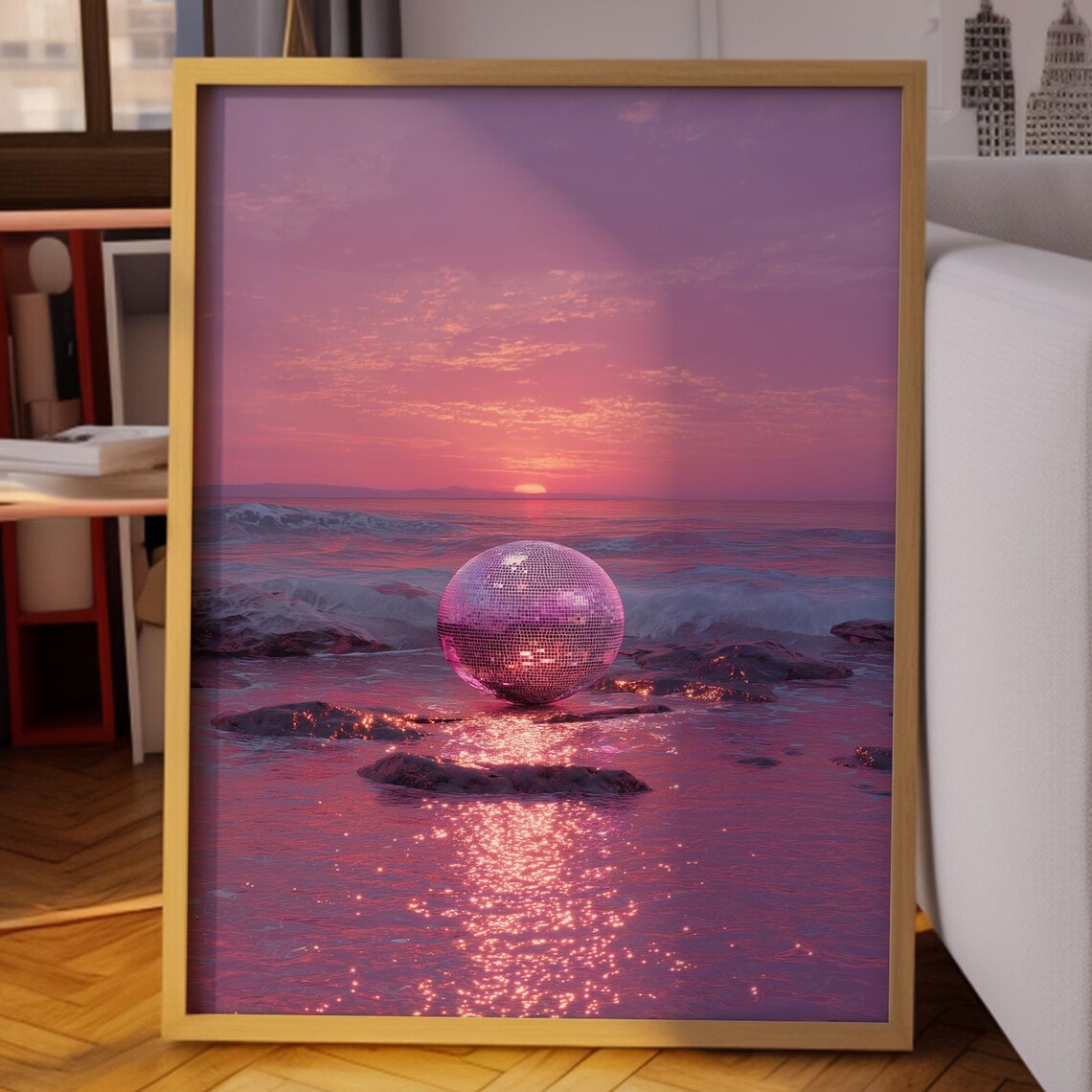 Disco Ball Resting On Rocky Shore At Violet Pink Sunset Ocean Poster