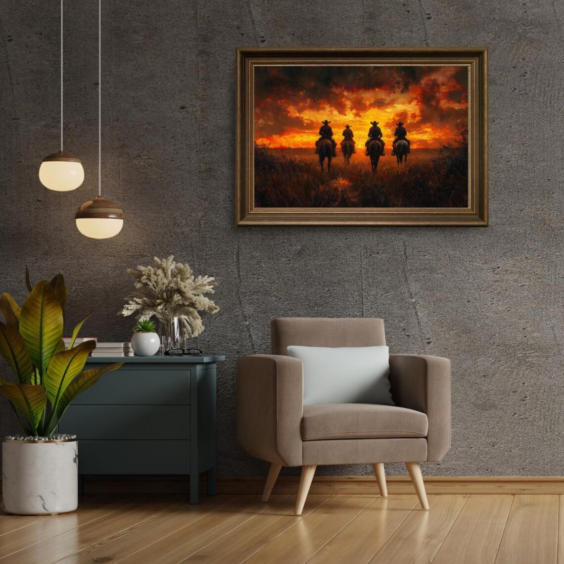 Western Sunset Riders Cowboy Horseback Art Print