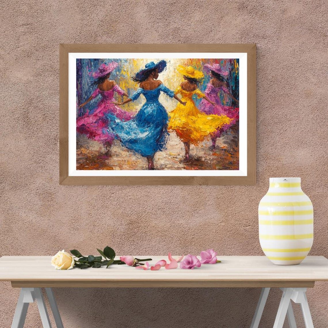 Elegant Women In Motion Vibrant Flowing Dresses Joyful Impressionist Dance Scene Wall Art - Image 2
