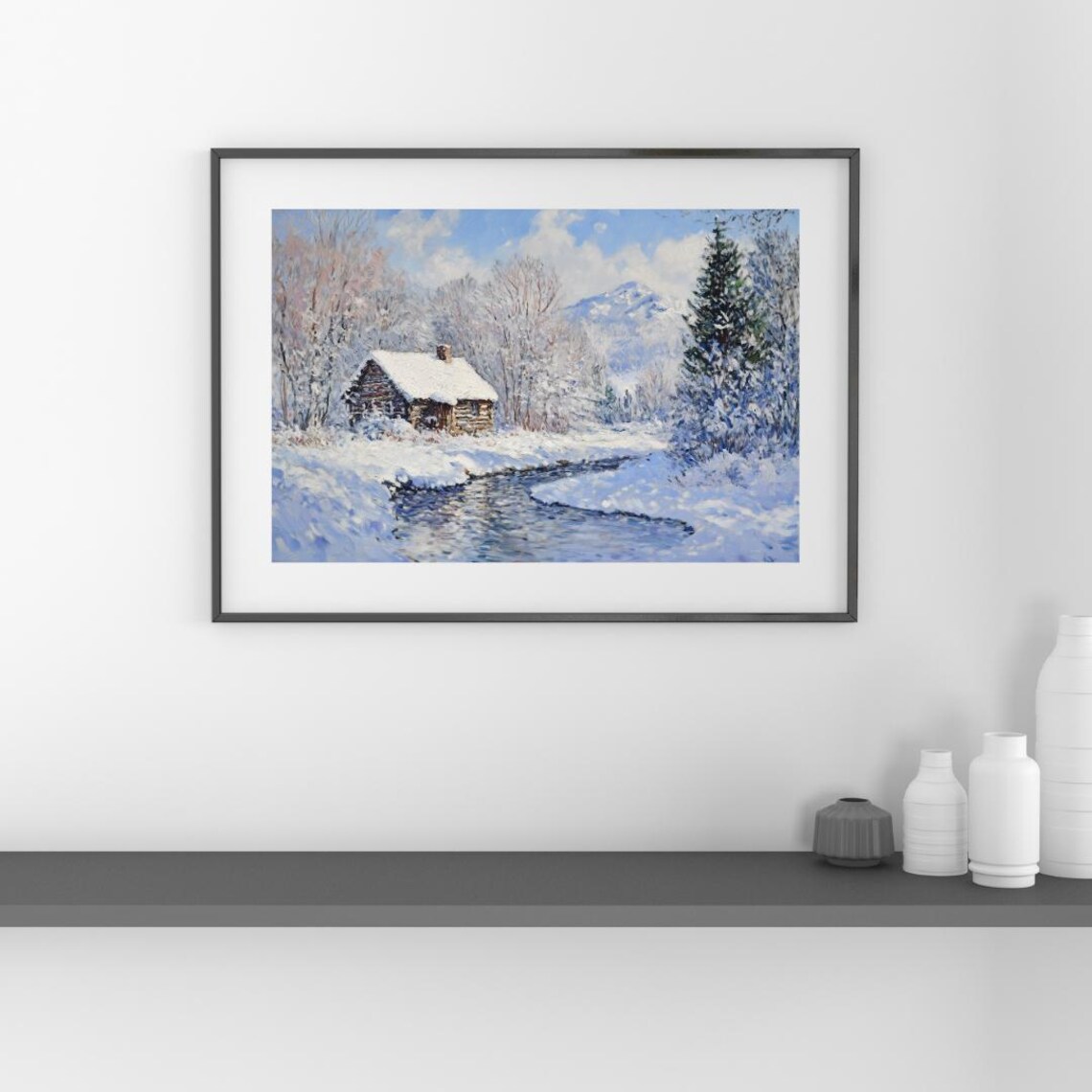 Rustic Log Cabin In Winter Mountain Stream Landscape - Image 3