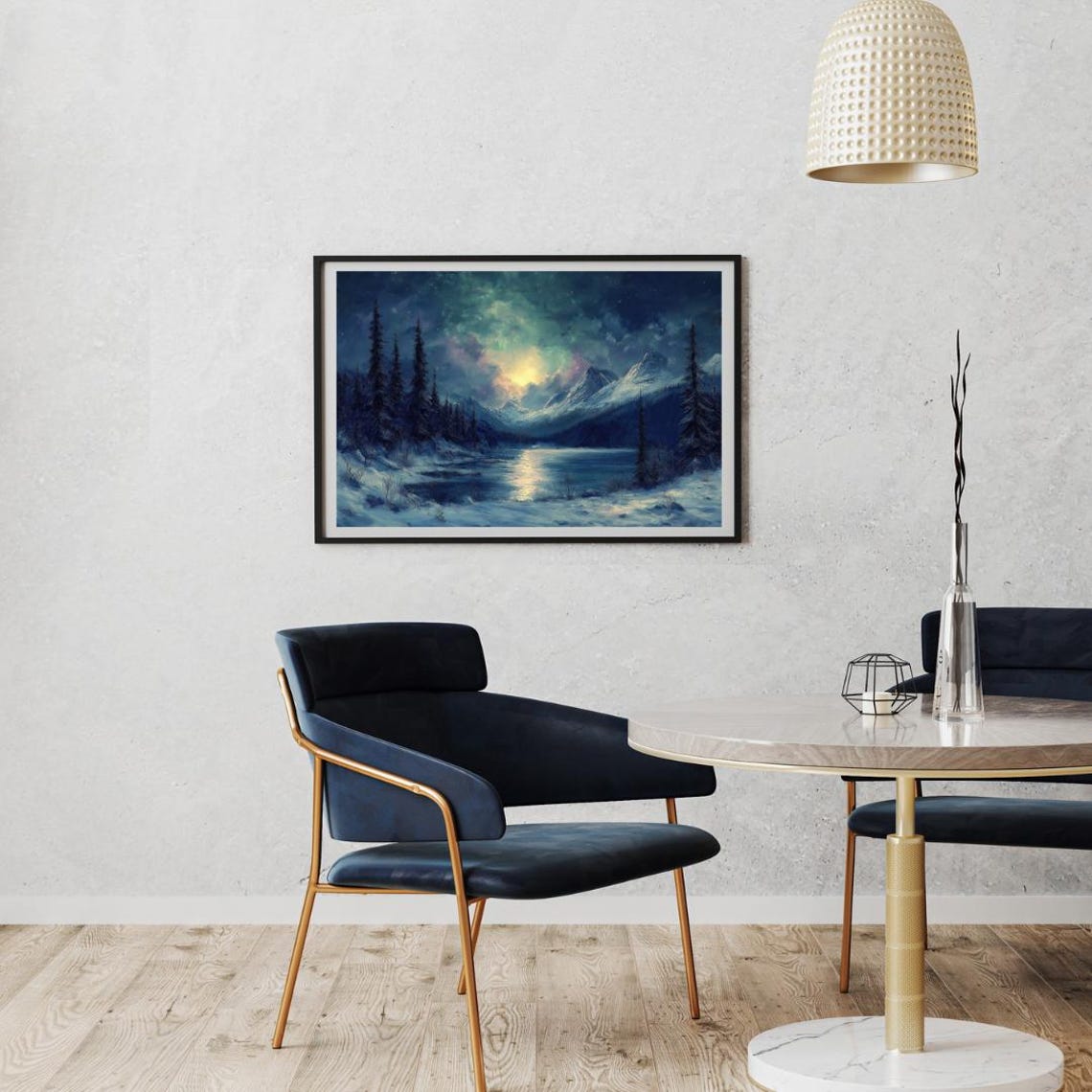 Winter Twilight Over Frozen Lake Snowy Mountain Landscape Wall Art Mystical Night Sky Decor