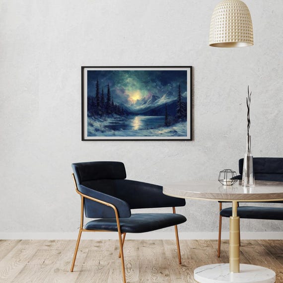 Winter Twilight Over Frozen Lake Snowy Mountain Landscape Wall Art Mystical Night Sky Decor