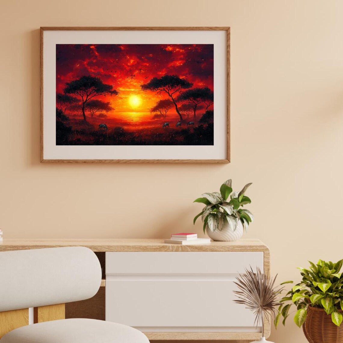 African Savannah Sunset Acacia Trees Grazing Zebras Warm Orange Travel Poster
