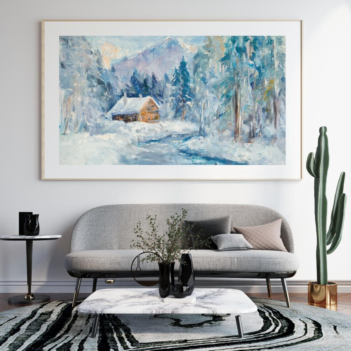 Winter Cabin By The Stream, Rustic Winter Landscape - Image 2