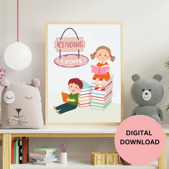 Reading Corner Sign Kids and Books Cartoon Nursery Classroom Art Print