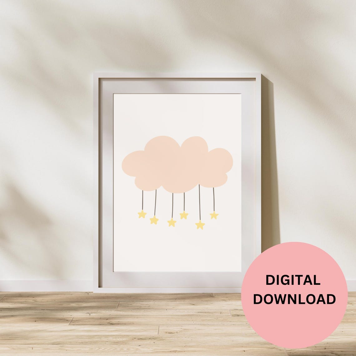Blush Pink Cloud With Hanging Stars Minimalist Nursery Art Print - Image 3