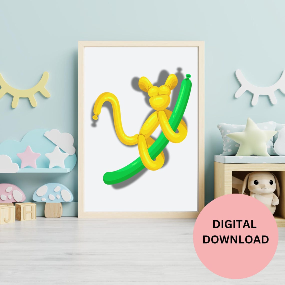 Yellow Balloon Monkey Climbing Green Vine Fun Kids Room Poster - Image 3