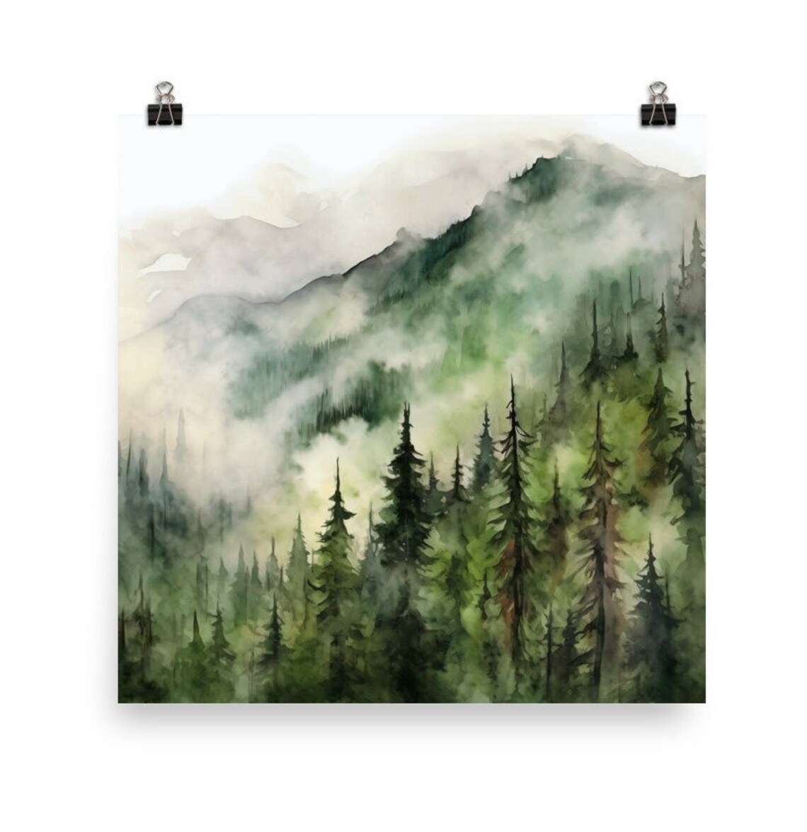 Foggy Pine Forest Misty Mountain Ridge Watercolor Painting Poster - Image 5