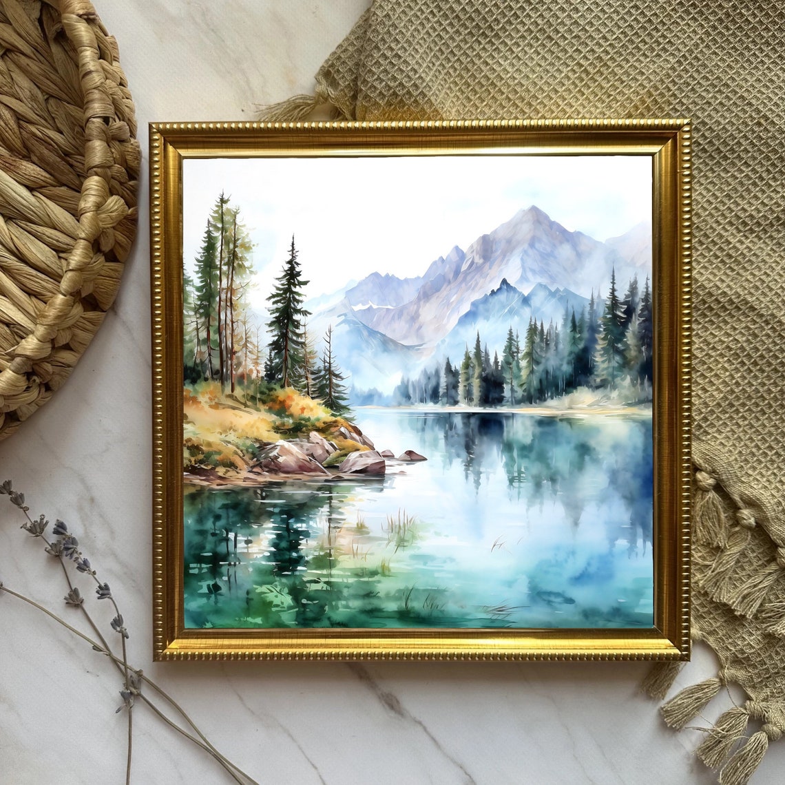 Alpine Lake Mirror Reflection Pine Forest Mountains Watercolor Poster - Image 4