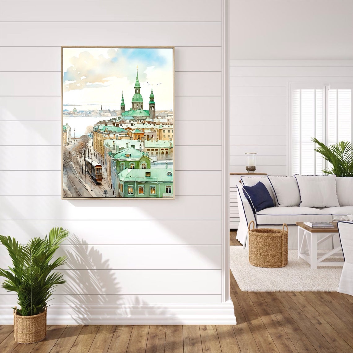 Helsinki Finland Harbor City Green Domes Tram Watercolor Poster - Image 3