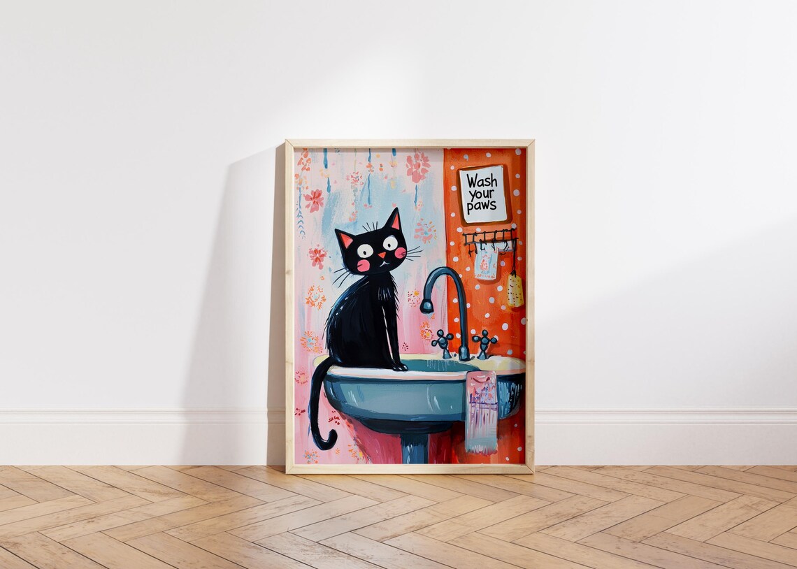 Wash Your Paws Funny Cat Bathroom Decor Art Print - Image 4