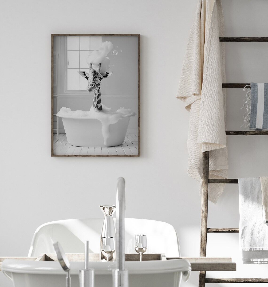 Cute Giraffe In A Bathtub, Funny Bathroom Art Print - Image 3