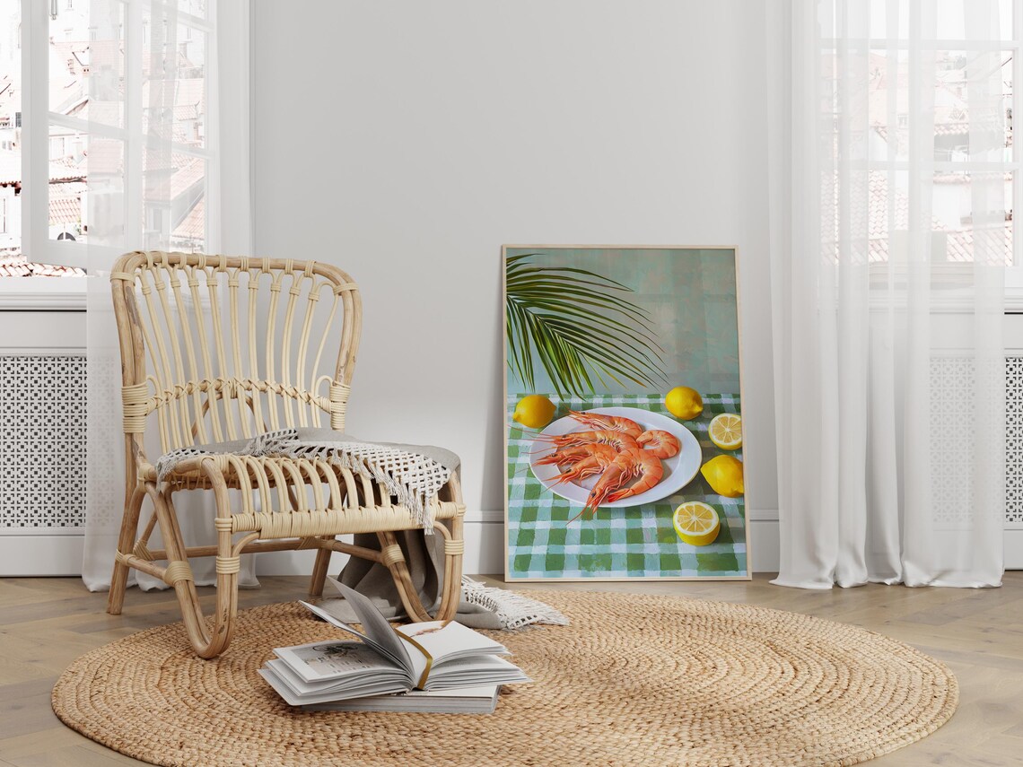 Tropical Shrimp Kitchen Art, Coastal Lemons Decor - Image 3