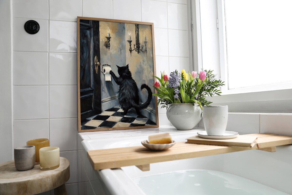 Funny Bathroom Cat Art, Whimsical Checkered Pattern - Image 6