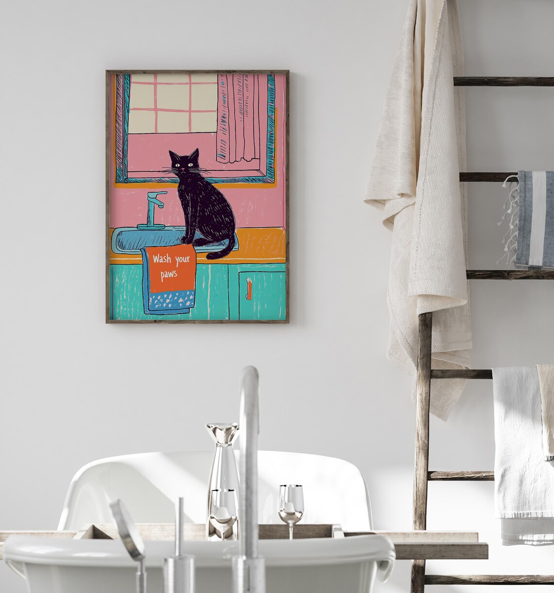 Wash Your Paws Funny Cat Poster, Bathroom Decor - Image 4